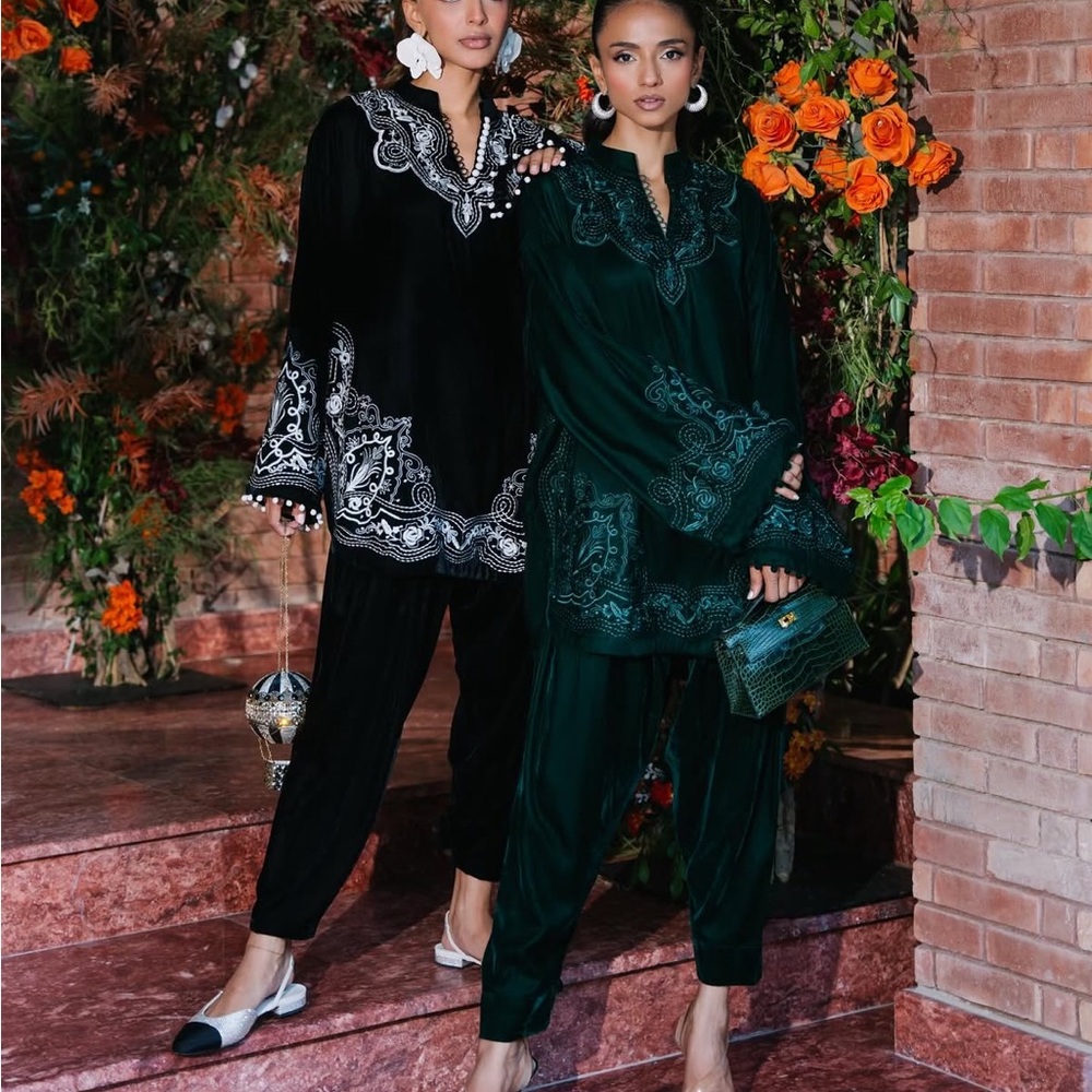 Nia Mia Emerald Green 2 piece velvet shirt and shalwar with embroidery